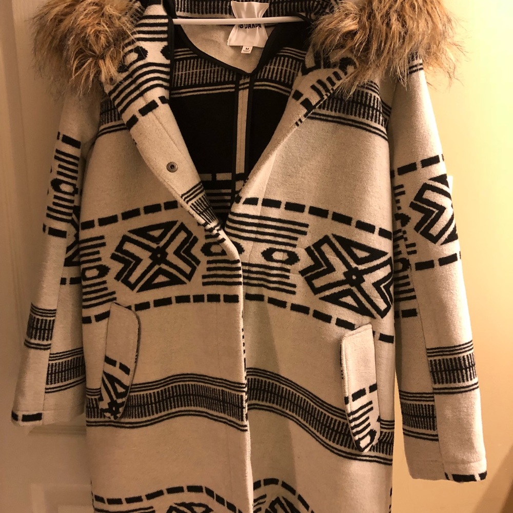 BB Dakota Coat with fur trimmed hood 3/4 length